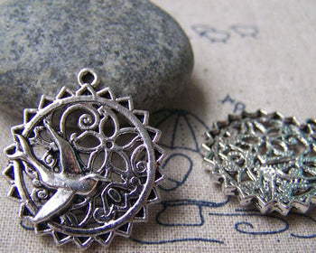 Accessories - Bird Ring Charms Antique Silver Filigree Floral Edge Swallow Pendants  25mm Set Of 10 Pcs A806