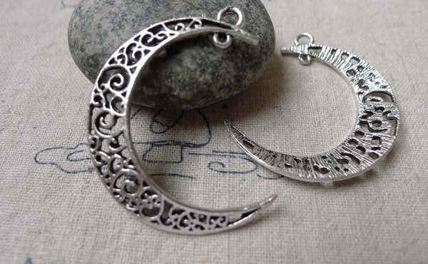 Accessories - Crescent Moon Pendants Antique Silver Swirly Connectors 32x38mm Set Of 10 Pcs  A6860