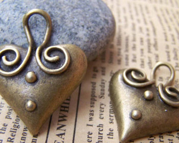 Accessories - Double Swirl Large Heart Pendants Antique Bronze Hollow Back Pendants 28x36mm Set Of 10 Pcs A1631