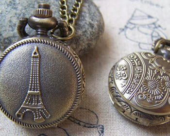 Accessories - Eiffel Tower Pocket Watch Necklace CHAIN INCLUDED 31x38mm Set Of 1 Pc A5732
