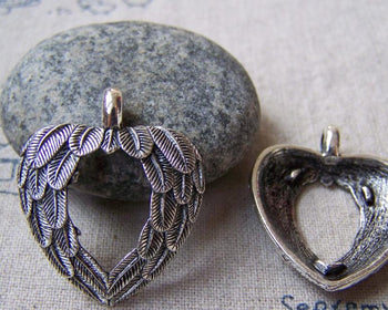 Accessories - Feather Heart Charms Antique Silver Filigree Pendants 27x31mm Set Of 10 Pcs A5662