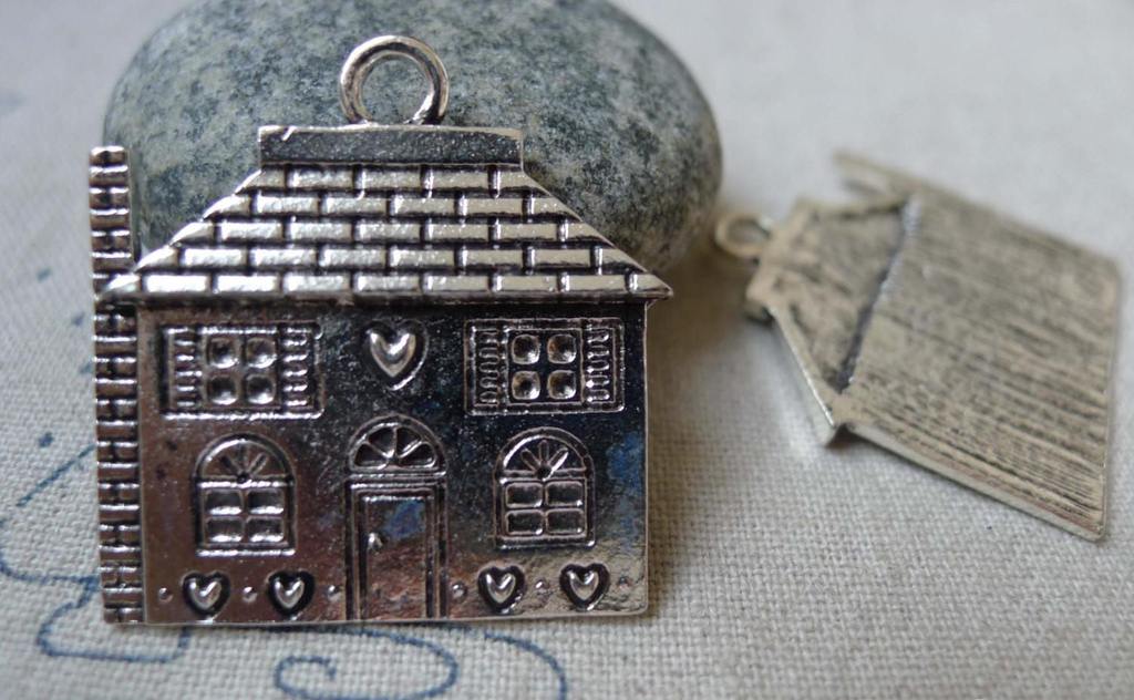 Accessories - Flat Heart House Pendants Antique Silver Charms 25x30mm Set Of 10 Pcs  A5813