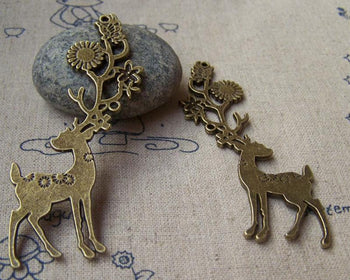 Accessories - Flower Deer Antlar Pendants Antique Bronze Charms 20x70mm Set Of 4 Pcs A1625