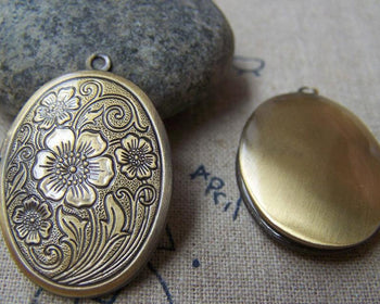 Accessories - Flower Locket Antique Bronze Oval Photo Locket Charms 23x29mm Set Of 4 Pcs A3621