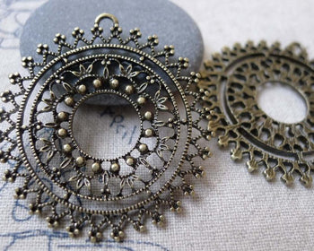 Accessories - Flower Ring Pendants Antique Bronze Large Filigree Circle Charms  40mm Set Of 10 Pcs A7148