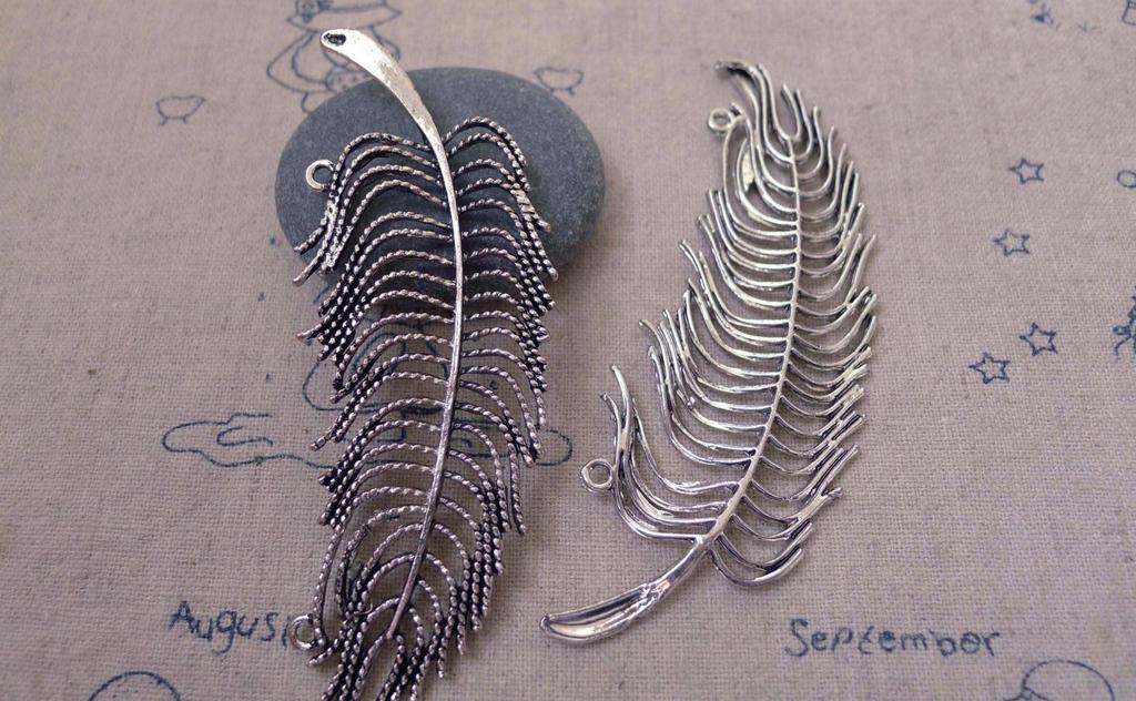 Accessories - Large Feather Connectors Pendants Antique Silver Tone 28x78mm Set Of 10 A7381