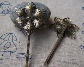 Accessories - Large Flower Bobby Pin Antique Bronze Hair Sticks Clip 2x67mm Set Of 10 Pcs A4060