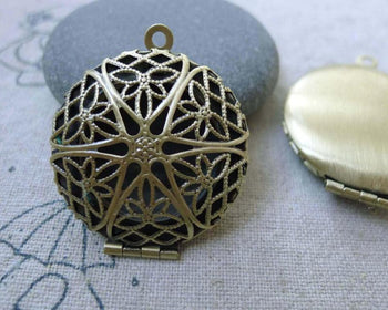 Accessories - Locket Antiqued Brass Photo Locket Filigree Round Pendants 27mm Set Of 5 Pcs A7600