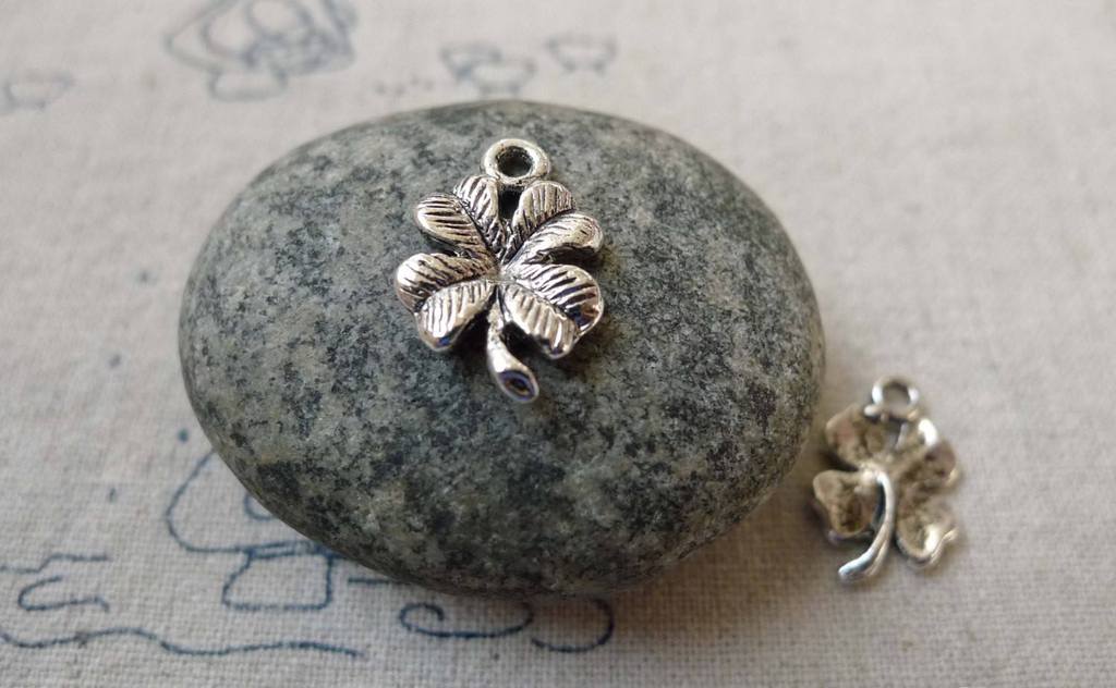 Accessories - Lucky Flower Charms Antique Silver Four-Leaf Clover 10x19mm Set Of 30 Pcs  A6483