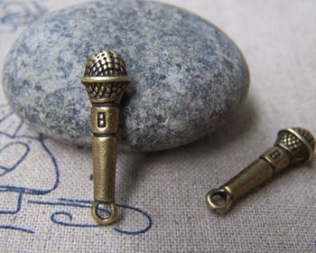Accessories - Microphone Charms Antique Bronze Pendants 7x25mm Set Of 10 Pcs A1742
