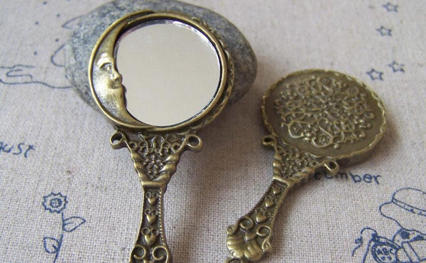 Accessories - Moon Face Glass Mirror Pendant Antique Bronze Ancient Charms 30x62mm Set Of 2 Pcs A4245