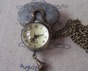 Accessories - Orb Pocket Watch Antique Bronze Glass Bubble Necklace Chain Included 25mm Set Of 1 Pc A4616
