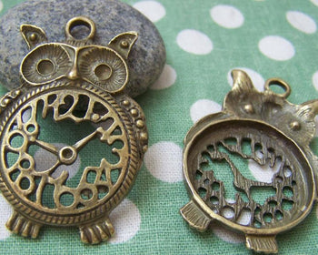 Accessories - Owl Clock Antique Bronze Charms 43x48mm Set Of 4 Pcs A129