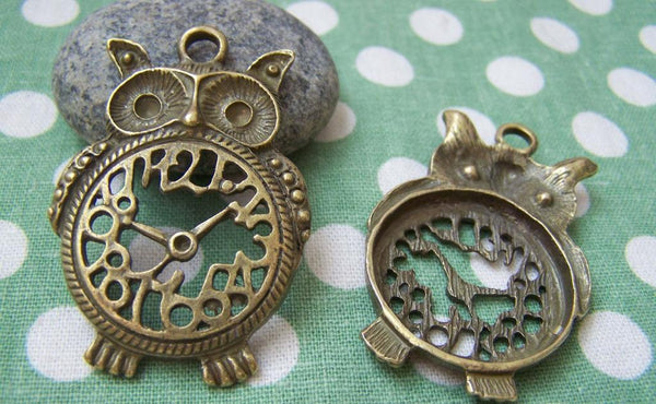 Accessories - Owl Clock Antique Bronze Charms 43x48mm Set Of 4 Pcs A129