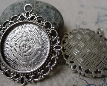 Accessories - Pendant Tray Antique Silver Round Cameo Base Settings Bezel Blanks Match 25mm Cabochon Lot Of 10 Pcs A5823