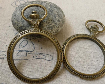 Accessories - Pocket Watch Frame Antique Bronze Round Pendants 37x55mm Set Of 4 Pcs A6306