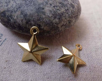 Accessories - Raw Brass 3D Star Charms Pendants Double Sided 12mm Set Of 50 Pcs A6232