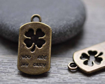 Accessories - Rectangle Lucky Flower Pendant Antique Bronze Clover Cut Out Charms 13x25mm Set Of 10 Pcs A7844