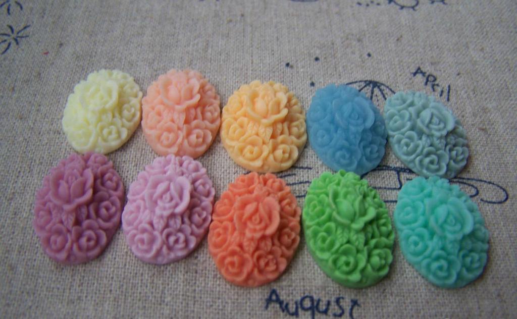 Accessories - Resin Flower Cabochon Oval Cameo Assorted Color 14x20mm Set Of 10 Pcs A2667