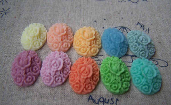 Accessories - Resin Flower Cabochon Oval Cameo Assorted Color 14x20mm Set Of 10 Pcs A2667