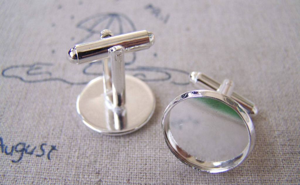 Accessories - Silver Cufflink Blanks With Round Bezel Setting Match 16mm Cabochon Set Of 10 Pcs A4433