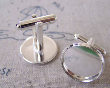 Accessories - Silver Cufflink Blanks With Round Bezel Setting Match 16mm Cabochon Set Of 10 Pcs A4433