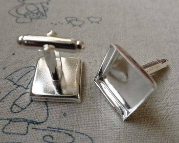 Accessories - Square Bezel Cufflink Blanks Silver Cuff Links Setting Match 16mm Cabochon Set Of 10 Pcs A6163