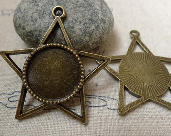 Accessories - Star Shaped Round Base Settings Antique Bronze Pendant Tray Blanks Match 18mm Cabochon Set Of 10 Pcs A5866