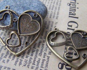 Accessories - Three Heart Pendants Antique Bronze Filigree Bezel Charms  37x38mm Set Of 5 A1517
