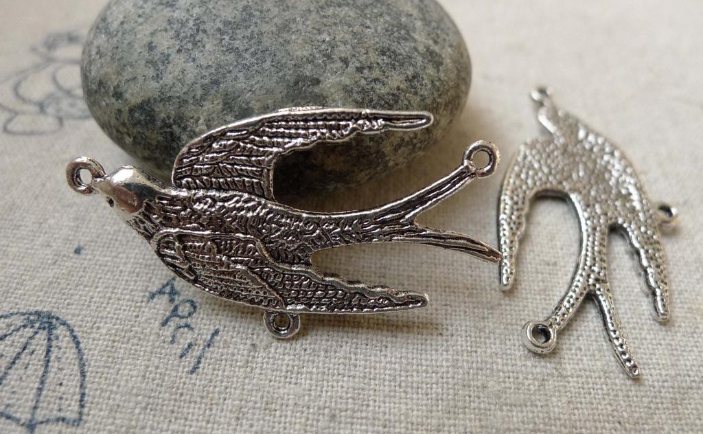 Accessories - Three Loops  Bird Connector Antique Silver Swallow Dove Charms  20x39mm  Set Of 10 Pcs A6190