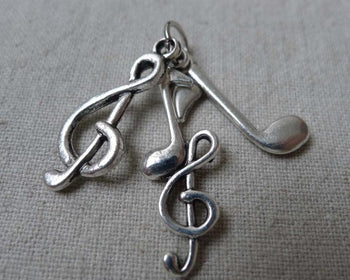 Accessories - Three Music Note Charms Antique Silver Treble Clef  Pendants 36mm Set Of 10 Pcs A7845
