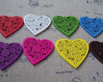 Wood - 10 pcs  Wood Floral Heart Pendants Assorted Color A3616