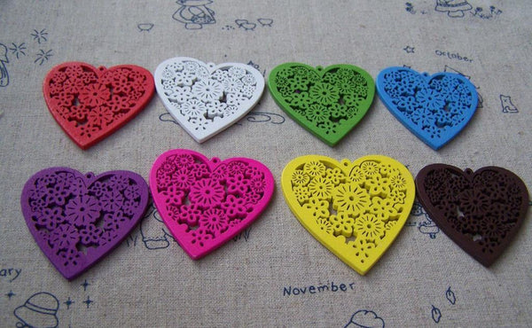 Wood - 10 pcs  Wood Floral Heart Pendants Assorted Color A3616