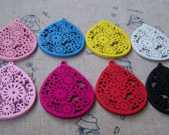 Accessories - Wooden Teardrop Pendant Filigree Flower Wood Tear Drop Earring Pendant Assorted Color  38x50mm Set Of 10 Pcs A4536