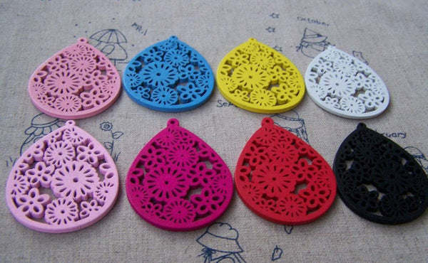 Accessories - Wooden Teardrop Pendant Filigree Flower Wood Tear Drop Earring Pendant Assorted Color  38x50mm Set Of 10 Pcs A4536