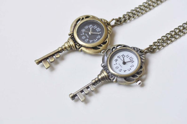 1 PC Antique Bronze Key Pocket Watch Necklace