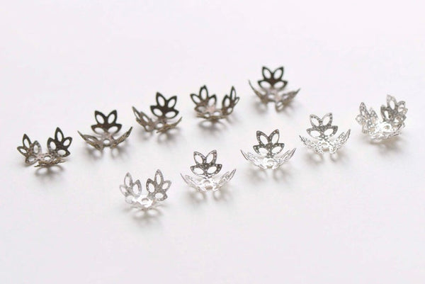 100 pcs Antique Bronze/Silver Three Leaf Petal Filigree Bead Caps 9mm