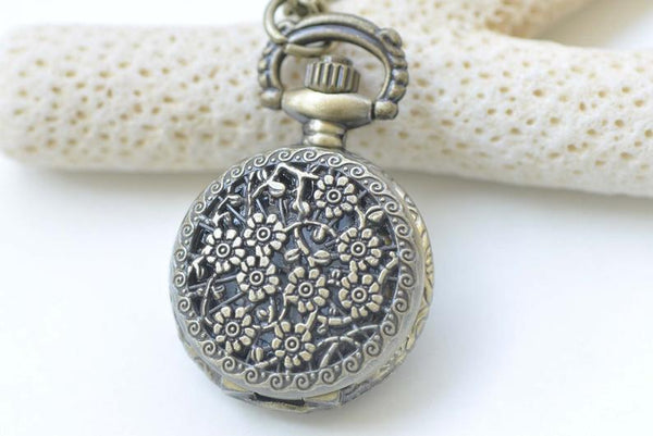 1 PC Antique Bronze Small Flower Pocket Watch Necklace A1865