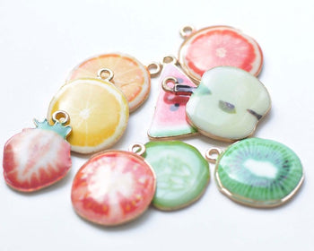 Gold Enamel Fruit Slice Charms Pendants Orange Mandarin Watermelon Set of 5