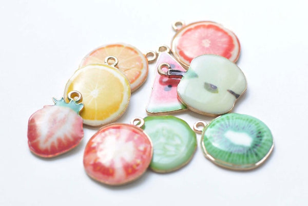 Gold Enamel Fruit Slice Charms Pendants Orange Mandarin Watermelon Set of 5