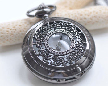 Gunmetal Black Large Filigree Flower Round Pocket Watch Set of 1 A4322