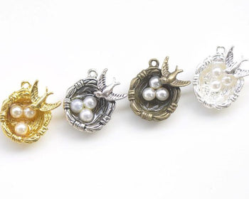 6 pcs Bird And Three Eggs In Nest Charms Pendants