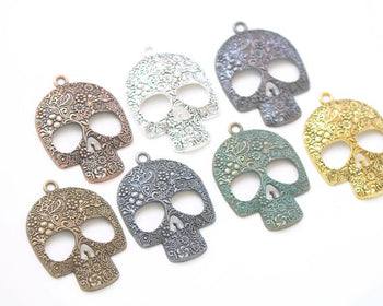2 pcs Filigree Flower Skull Pendants Charms Large Size 49x66mm