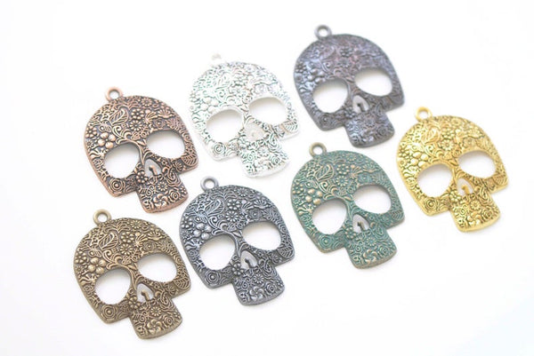 2 pcs Filigree Flower Skull Pendants Charms Large Size 49x66mm