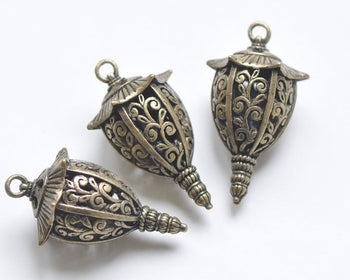 Antique Bronze 3D Filigree Lantern Lamp Long Pendant Charms Set of 6