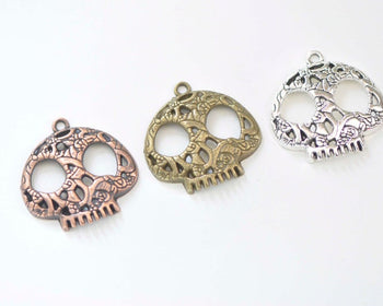 Antique Bronze/Copper/Silver Filigree Skull Charms 27mm