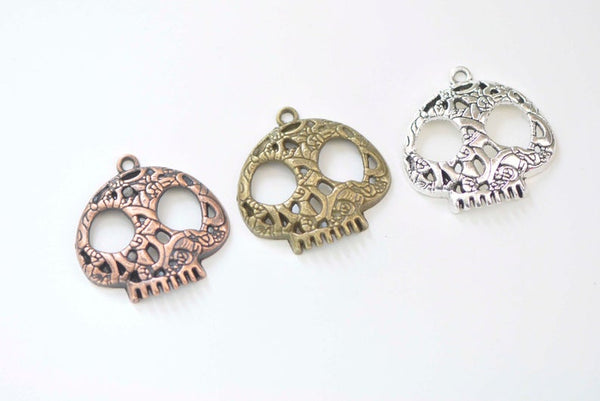 Antique Bronze/Copper/Silver Filigree Skull Charms 27mm