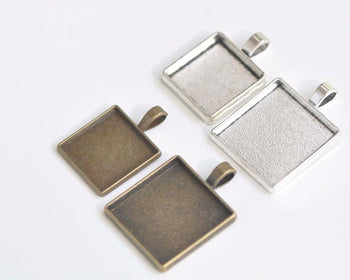 10 pcs Antique Bronze/Silver Plated Square Cabochon Base Pendant Tray