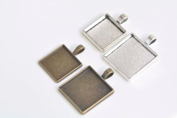 10 pcs Antique Bronze/Silver Plated Square Cabochon Base Pendant Tray