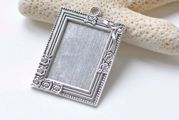 Antique Silver Rectangle Base Settings Flower Photo Frame Set of 6